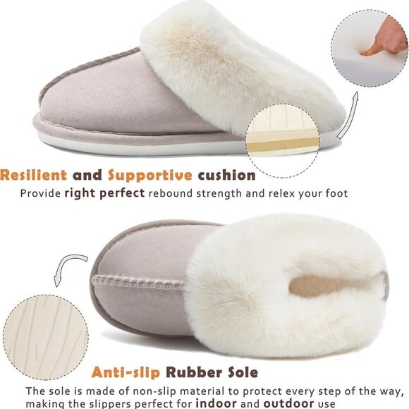 Women's Faux Fur Memory Foam Slippers Warm Slip On House Indoor Outdoor - Picture 5 of 7
